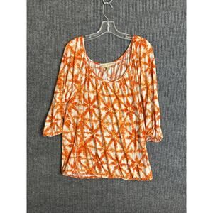 Michael Kors Womens Printed Blouse Size XL Orange White Office Elastic Hem